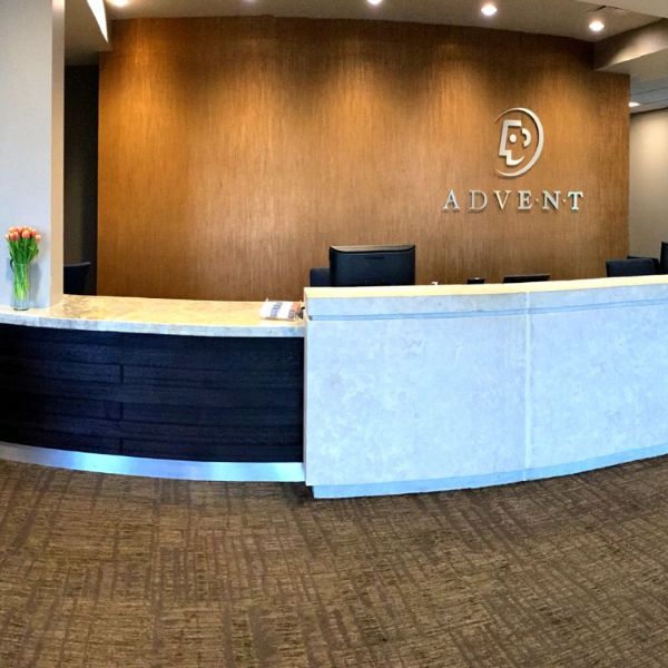 Reception-desk-millwork-milwaukee-Advent Advent Ear Nose and Throat reception desk in Milwaukee. MCS Woodworking.