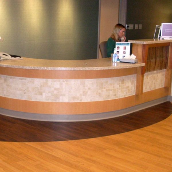hospital-reception-woodworking-milwaukee-Aurora Aurora reception desk in Milwaukee. MCS Woodworking.