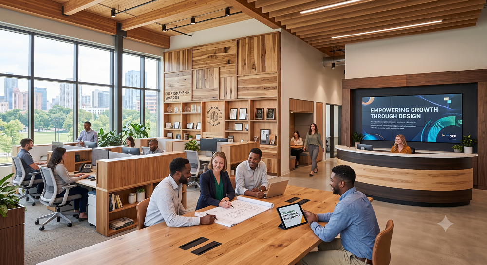 A bright, modern office interior showcasing custom architectural woodworking that reflects company values